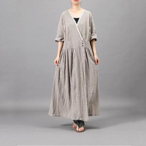 V-Neck Empire Waist Maxi Dress Cotton Linen Belted Spring Dress