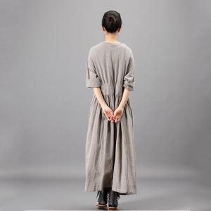 V-Neck Empire Waist Maxi Dress Cotton Linen Belted Spring Dress
