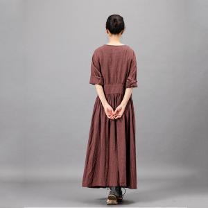 V-Neck Empire Waist Maxi Dress Cotton Linen Belted Spring Dress