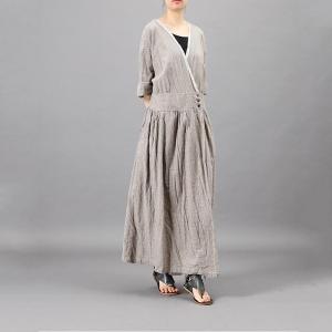 V-Neck Empire Waist Maxi Dress Cotton Linen Belted Spring Dress