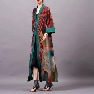 Green Edges Red Printed Loose Kimono Vintage Silk  Outerwear