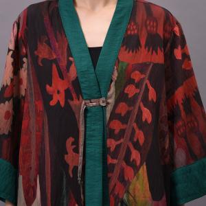 Green Edges Red Printed Loose Kimono Vintage Silk  Outerwear