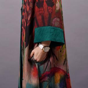Green Edges Red Printed Loose Kimono Vintage Silk  Outerwear