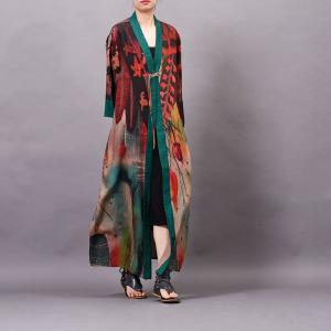 Green Edges Red Printed Loose Kimono Vintage Silk  Outerwear