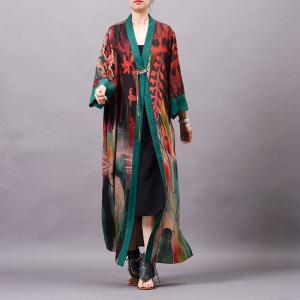 Green Edges Red Printed Loose Kimono Vintage Silk  Outerwear