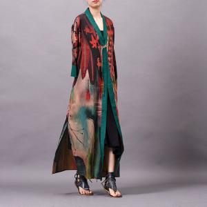 Green Edges Red Printed Loose Kimono Vintage Silk  Outerwear