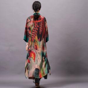 Green Edges Red Printed Loose Kimono Vintage Silk  Outerwear