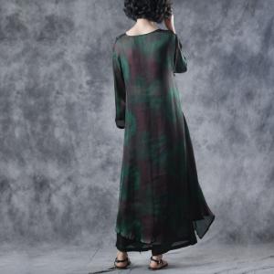 Green Printed Silky Long Dress with Flowy Palazzo Pants