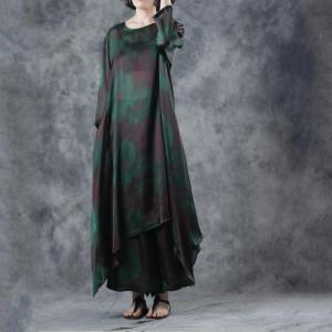 Green Printed Silky Long Dress with Flowy Palazzo Pants