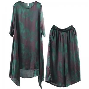 Green Printed Silky Long Dress with Flowy Palazzo Pants