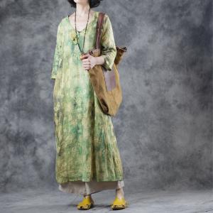 Loose-Fitting Green Floral Dress V-Neck Comfy Resort Wear