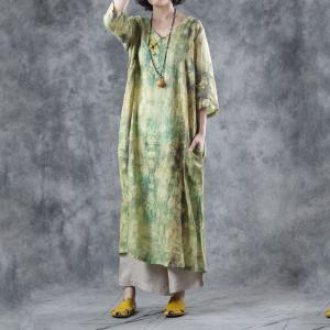Loose-Fitting Green Floral Dress V-Neck Comfy Resort Wear