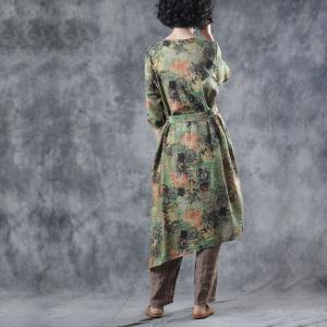 Vintage Printed Folk Wrap Dress Knee-Length Asymmetric Dress for Senior Woman