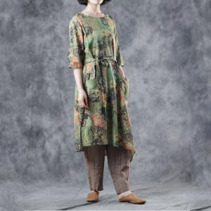 Vintage Printed Folk Wrap Dress Knee-Length Asymmetric Dress for Senior Woman