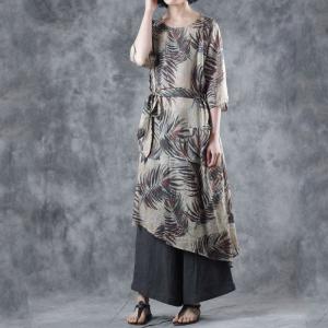 Tree Printed Belted Knee-Length Dress Comfy Summer Loose Tunic