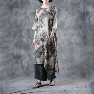 Tree Printed Belted Knee-Length Dress Comfy Summer Loose Tunic
