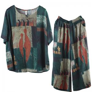 Comfy Silky Oversized T-shirt with Artistic Printed Wide Leg Trousers