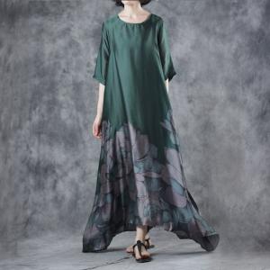 Flowers Printed Edges Green Dress Long Maxi Beautiful Dress with Camisole