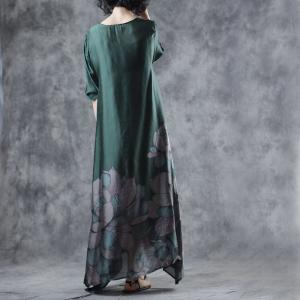 Flowers Printed Edges Green Dress Long Maxi Beautiful Dress with Camisole