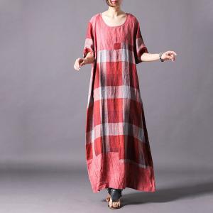 British Style Cotton Linen Plaids Dress Loose Casual Gingham Dress