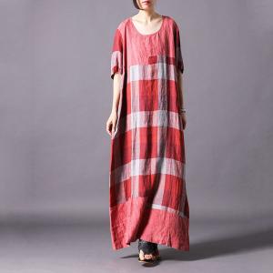 British Style Cotton Linen Plaids Dress Loose Casual Gingham Dress