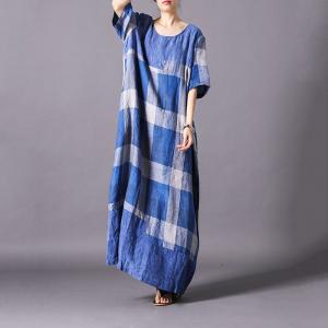 British Style Cotton Linen Plaids Dress Loose Casual Gingham Dress