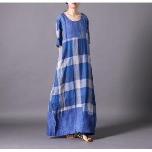 British Style Cotton Linen Plaids Dress Loose Casual Gingham Dress