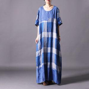 British Style Cotton Linen Plaids Dress Loose Casual Gingham Dress