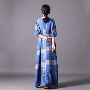 British Style Cotton Linen Plaids Dress Loose Casual Gingham Dress