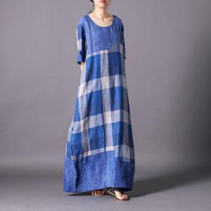 British Style Cotton Linen Plaids Dress Loose Casual Gingham Dress