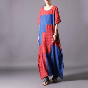 Red and Blue Loose Checkered Dress Classic Flax Clothing