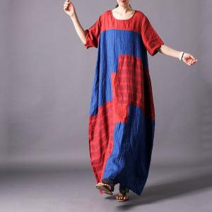 Red and Blue Loose Checkered Dress Classic Flax Clothing