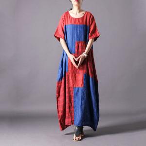 Red and Blue Loose Checkered Dress Classic Flax Clothing