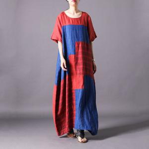 Red and Blue Loose Checkered Dress Classic Flax Clothing