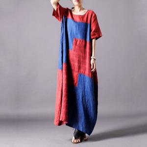 Red and Blue Loose Checkered Dress Classic Flax Clothing