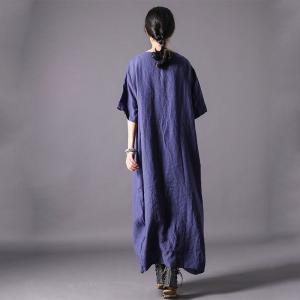 Folk Printed Chinese Loose Qipao Cotton Linen Flared Ethnic Dress