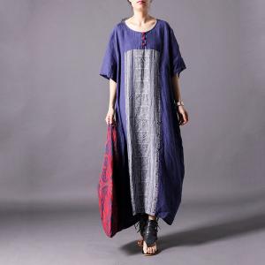 Folk Printed Chinese Loose Qipao Cotton Linen Flared Ethnic Dress