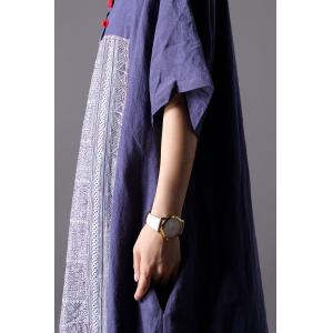 Folk Printed Chinese Loose Qipao Cotton Linen Flared Ethnic Dress