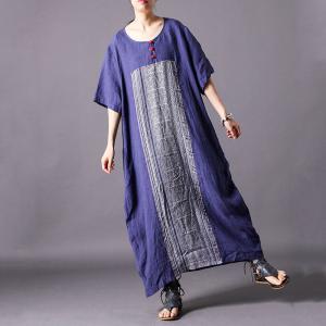 Folk Printed Chinese Loose Qipao Cotton Linen Flared Ethnic Dress