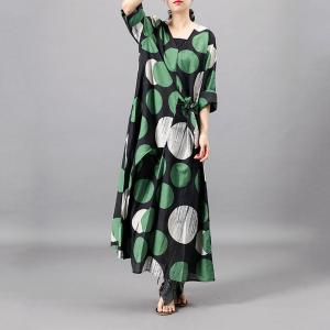 Long Sleeve Big Polka Dot Dress Belted Loose Elegant Dress