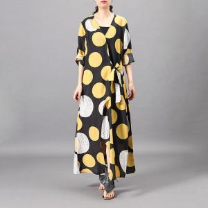 Long Sleeve Big Polka Dot Dress Belted Loose Elegant Dress