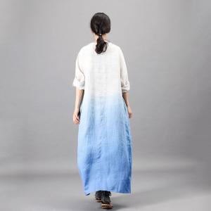 Gradient Blue Long Pleated Dress Cotton Linen Fit and Flare Dress