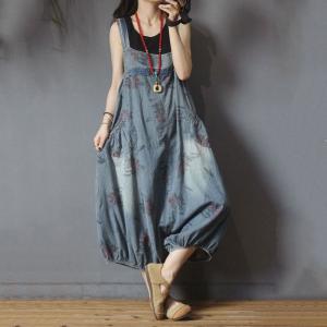 Plus Size Printed Balloon Overalls Cotton Layering Floral Jumpsuit