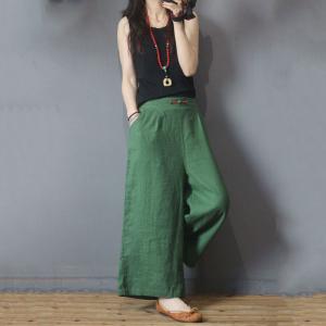 Chinese Vintage Linen Wide Leg Pants Womans Plain Trousers