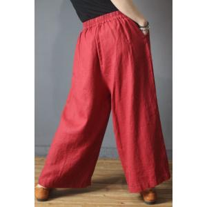 Chinese Vintage Linen Wide Leg Pants Womans Plain Trousers