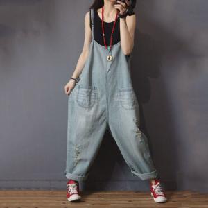 Street Style Letter Pockets Slip Dungarees Plus Size Ripped Jean Overalls