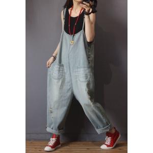 Street Style Letter Pockets Slip Dungarees Plus Size Ripped Jean Overalls