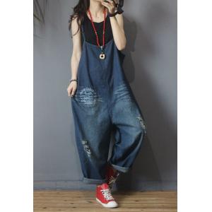 Street Style Letter Pockets Slip Dungarees Plus Size Ripped Jean Overalls