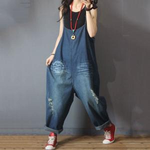 Street Style Letter Pockets Slip Dungarees Plus Size Ripped Jean Overalls