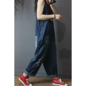 Street Style Letter Pockets Slip Dungarees Plus Size Ripped Jean Overalls